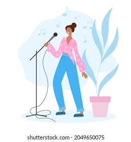 The girl sings in a music studio. Vector illustration of a karaoke bar in a flat style. Character for design.