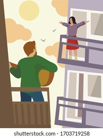 The girl sings on the balcony, and the guy plays the guitar.