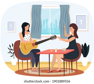 Girl sings song and plays guitar. Woman conducts and helps her friend. People rest at home. Female character performing and plumbing strings on musical instrument. Girlfriends chat together