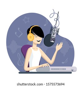 Girl sings a song and plays a synthesizer in a home recording studio. Cartoon woman with headphones  records new song. Isolated on a white background. Flat style vector illustration for print and web.