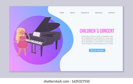 Girl sings songs concert on classical music performances with grand piano vector web template. Illustration of cartoon musical instruments and children concert. Young mucisian website.