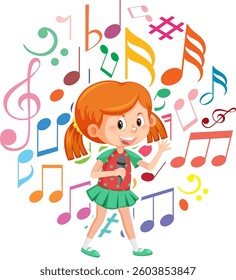 A girl sings surrounded by vibrant musical notes