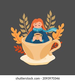 girl sipping coffee steam from a cup of coffee, sit in the big coffee cup. morning coffee illustration, start the day illustration.