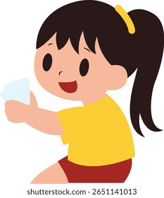 Menina tomando água de uma xícara, ótimo para conscientização sobre hidratação, cartazes de hábitos saudáveis ou ilustrações rotineiras diárias para crianças.