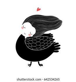 Girl Sirin. Mythological bird. Russian folklore. Isolated objects on white background. Vector illustration. 
