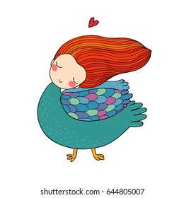 Girl Sirin. Mythological bird. Russian folklore. Isolated objects on white background. Vector illustration. 