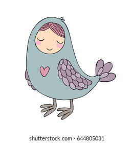 Girl Sirin. Mythological bird. Russian folklore. Isolated objects on white background. Vector illustration. 