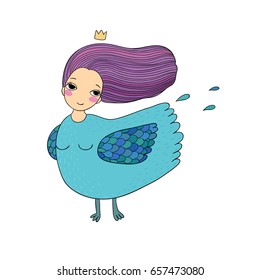 Girl Sirin. Mythological bird. Russian folklore. Isolated objects on white background. Vector illustration. 