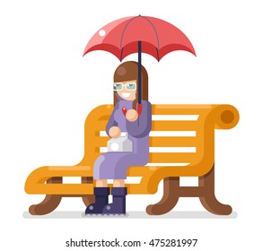Girl sit bench and umbrella autumn flat design isolated template vector illustration