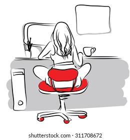 Girl sit at the computer at home, vector sketch