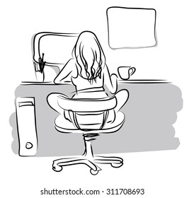 Girl sit at the computer at home, vector sketch
