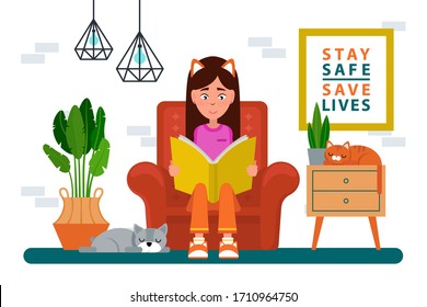 Girl sit cozy in arm chair and read book.  Cat and dog sleep. Quarantine  or self-isolation, stay at home concept.  Stay home banner template. Health care. Fears of getting coronavirus.