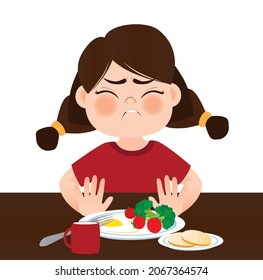 A girl sit at the dinner table and refuse to eat broccoli, tomatoes and fried eggs. Push the plate away from you with your hands. Healthy food. Vector illustration.