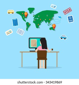 girl sit in front of computer planning for travel trip