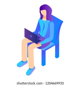 Girl sit with laptop on chair icon. Isometric of girl sit with laptop on chair vector icon for web design isolated on white background