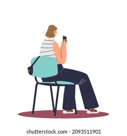 Girl sit on chair with smartphone in hands. Female student making notes to mobile phone while listening to lecture or training. Cartoon flat vector illustration