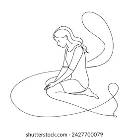 Girl sit on floor continuous drawing black shape line art
