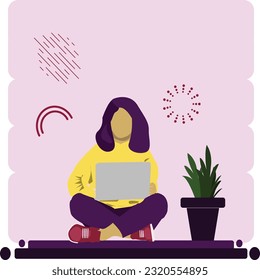 Girl sit on floor to work on laptop