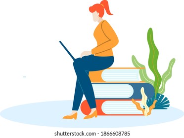 the girl sit on the stack of books doing her homework online with her laptop illustration flat design