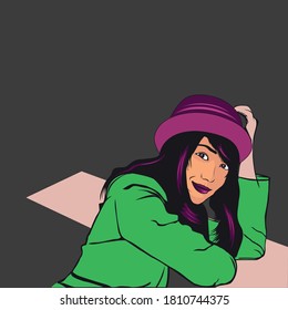 Ein Mädchen sitzt auf einem Tisch. Girl-Vektorgrafik-Design. 100 % editierbar. 
