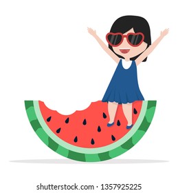 girl sit on watermelon bite 