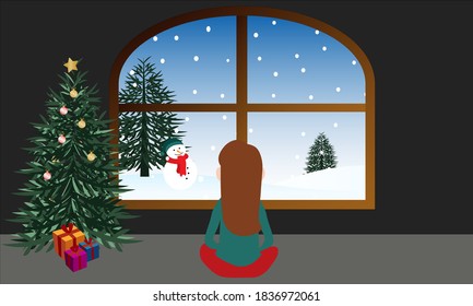 A Girl Sit And See Snow Outside The Window Beside Christmas Tree. Suitable For Chritmas Background And Illustration
