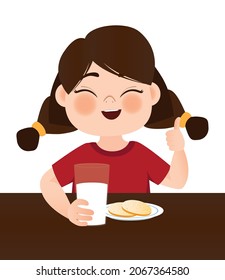 A girl sit at the table and drinks milk. Proper nutrition. Healthy food. Vector illustration