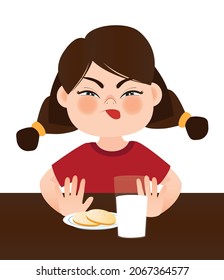A girl sit at the table and refuse to drink milk. Move the glass with milk away from you with your hands. Healthy food. Vector illustration