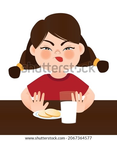 A girl sit at the table and refuse to drink milk. Move the glass with milk away from you with your hands. Healthy food. Vector illustration