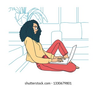 girl sit work in her laptop hand drawn style vector design illustrations