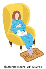 Girl sit in yellow armchair with a cup of tea and white cat sitting on knees. Cozy home decor and warm mood. Vector flat illustration