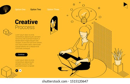 Girl is siting in lotus position with lap top. Concept of creating new ideas. Flat design isometric vector concept for web site and application design and presentation. UI design mockup.