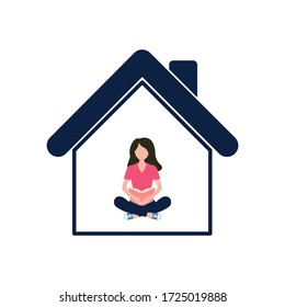 Girl siting on the floor and reading book at home. Studying concept. Flat design.