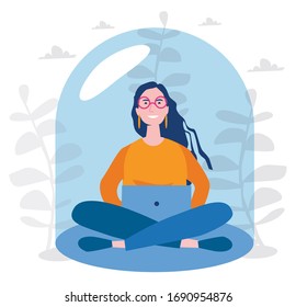 A girl siting and working under a glass cap. Coronavirus outbreak. Virus in air. Vector illustration for web banner, infographics, mobile. Staying home with self quarantine. Protect 