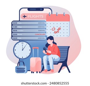 A girl sits in the airport, checking her phone with a mobile app showing flight status, including a canceled flight. Next to her are suitcases and a watch displaying the time. Vector illustration.