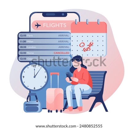 A girl sits in the airport, checking her phone with a mobile app showing flight status, including a canceled flight. Next to her are suitcases and a watch displaying the time. Vector illustration.