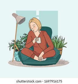 A girl sits in an armchair with a cup in her hand around houseplants. House. Cartoon vector illustration.