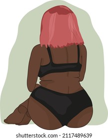 the girl sits  back with pink hair. Dark-skinned. tolerance. fat beautiful figure