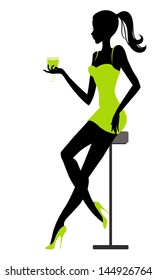 Girl sits in bar with glass in hand. Vector illustration