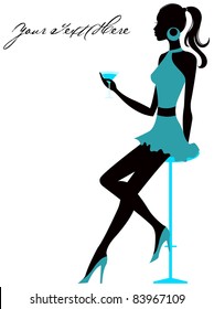 Girl sits in bar with glass in hand. Vector illustration