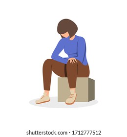 The girl sits in a bent pose, head down, experiencing negative emotions, sadness, resentment, wondering. Vector illustration, flat cartoon design.