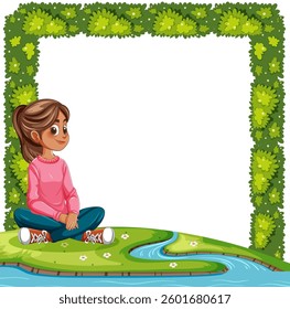 A girl sits by a stream surrounded by greenery