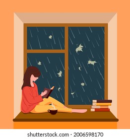 A girl sits by the window, reads a book and drinks tea while it is raining outside the window. Vector illustration