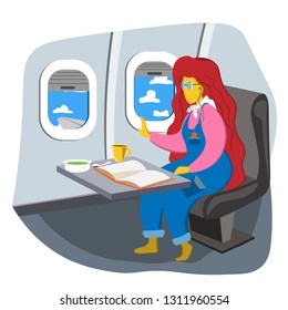 The girl sits in the cabin and looks out the window. The interior of the aircraft. Illustration in flat style
