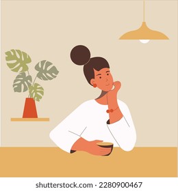 A girl sits in a cafe at a table and drinks coffee, a flat style image, vector graphics.
