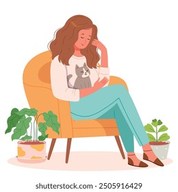 A girl sits in a chair with a cat.Cozy interior with plants.