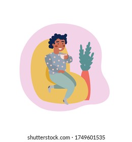 A girl sits in a chair and drinks from a cup at home. Vector illustration.