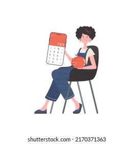 The girl sits in a chair and holds a calculator and a piggy bank in her hands. Isolated on white background. Trend style, vector illustration.