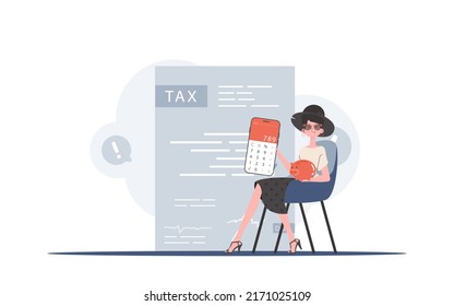The girl sits in a chair and holds a calculator and a piggy bank in her hands. The concept of payment and calculation of taxes. Vector illustration.