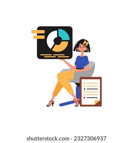 The girl sits in a chair and holds a chart with statistics. Trendy style, Vector Illustration